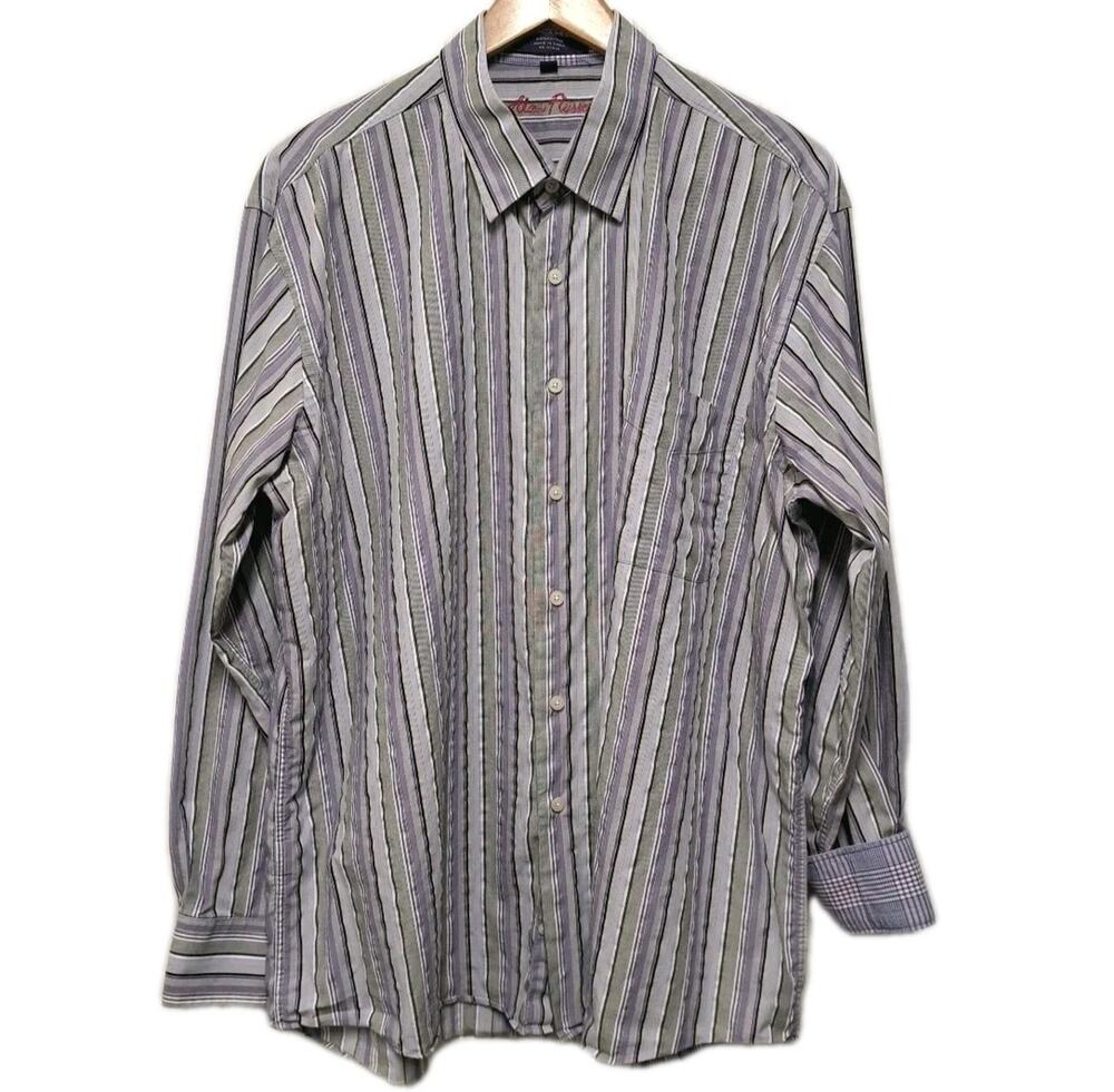 Alan Flusser Long Sleeve Shirt Mens XL Purple Gray Striped Button Down Flip Cuff